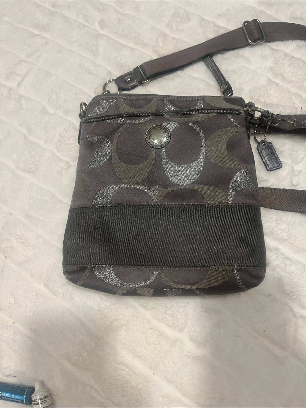 Coach grey and Silver Signature Crossbody with Black Front Band Y2K